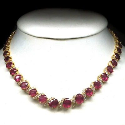 925 Sterling Silber Rot Rubin & Zirkonia Halskette 17in 18K Vergoldet - Bild 1 von 4