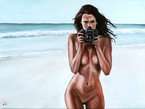 ORIGINAL Signed Handmade Oil painting on canvas. Nude female figure art beach - Picture 1 of 4