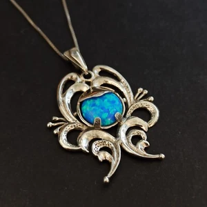 Silver Gold Opal Necklace Art Nouveau Revival Swirls Pendant Blue 925 Gift Box - Picture 1 of 16