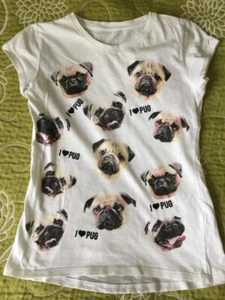 George girls white t-shirt top white with pug Dog Puppy pictures 11-12 y - Picture 1 of 3