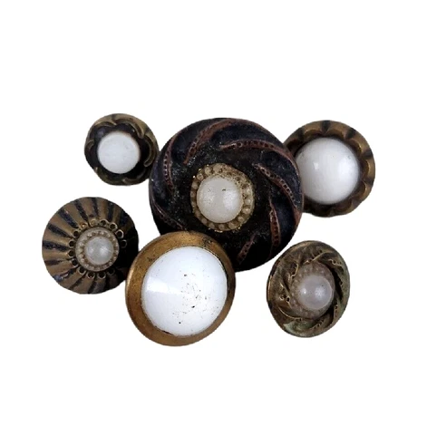 Metal Brass & White Clear Glass Button Lot of 6 Shank Back Antique Cover