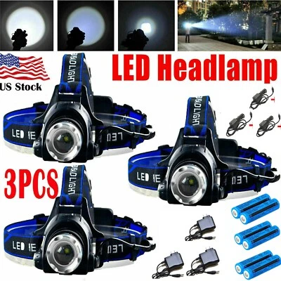 3Pcs Brightest 9900000LM Rechargeable Headlight Zoomable LED Tactical Headlamp - Image 1 of 4