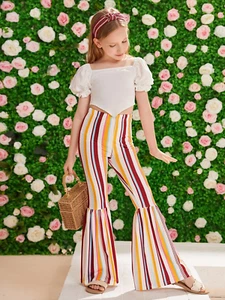 New! Youth Girl's High waist STRIPED FLARE LEG PANTS Western look 4 SIZES! - Picture 1 of 5