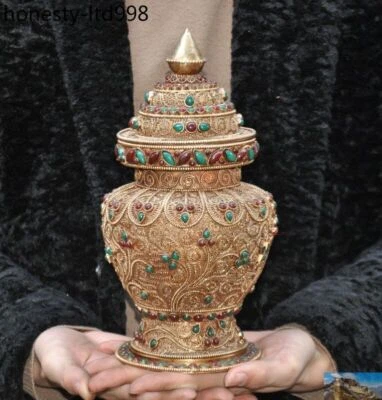 Um antigo templo budista tibetano prata filigrana incrustada gema tanques garrafa de crock pote frasco - Imagem 1 de 4