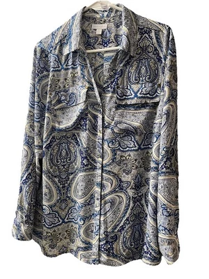 Blusa Charter Club Para Mujer Azul Paisley Dorado Botón Bolsillo Talla XL Usada Foto 1 de 4