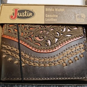 Justin Unisex Bifold Wallet Genuine Leather Tooled Western Rodeo Brown NWT Gift - Picture 1 of 3