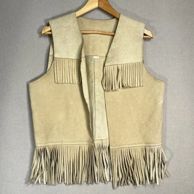 VINTAGE 70s Leather Suede Fringe Vest Mens Size S/M Beige Western Cowboy - Image 1 of 4