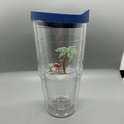 Vaso Tervis Rosa Flamenco Palmeras Puesta de Sol Playa 16oz Con Tapa Azul EE. UU. Océano Foto 1 de 4