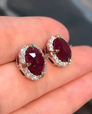 Lab Created Red Ruby 3.00Ct Oval Cut Fancy Stud Earring 14K Yellow Gold Plated - Image 1 of 4