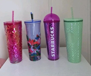 LOTE DE 4 vasos de vaso frío Starbucks tachonados y rejilla 24 oz con pajitas  - Imagen 1 de 5