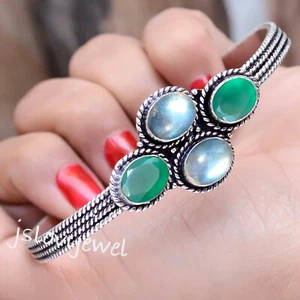 Labradorite & Green Onyx Gemstone 925 Sterling Silver Attractive Bangle Cuff - Picture 1 of 5