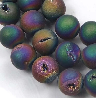 10mm Druzy Agate Matte Peacock Rainbow Round Beads (18 pcs) - Image 1 of 2