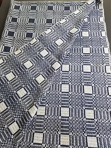 Antique Overshot Coverlet Blue Wool Woven Jacquard Indigo Natural White - Picture 1 of 9