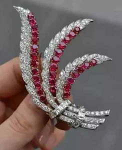 3Ct Round Cut Lab Created Ruby Art Deco Brooch Pin 14K White Gold Plated  - Picture 1 of 5