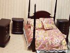 Miniature Dollhouse 4 Piece Mahogany Bedroom Set With Beautiful Bedding