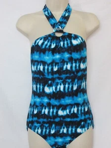 Nuevo con etiquetas Traje de baño Michael Kors de una pieza fruncido Maillot Halter azul geométrico talla 8 - Imagen 1 de 5