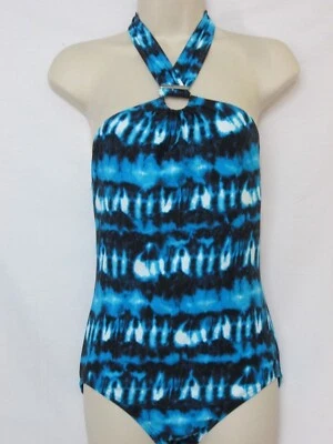 Nuevo con etiquetas Traje de baño Michael Kors de una pieza fruncido Maillot Halter azul geométrico talla 8 Foto 1 de 4