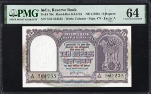 India 10 TEN Rupees P39c 1958 PMG64 Choice UNC Banknote RESERVE BANK OF INDIA - Foto 1 di 2