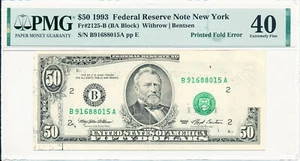 Federal Reserve Note New York USA $50 1993 Printed Fold Error PMG 40 - Picture 1 of 2
