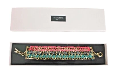 Victorias Secret Bracelet Gold Tone Angel Wings Woven Teal Pink Jewelry - Image 1 of 4