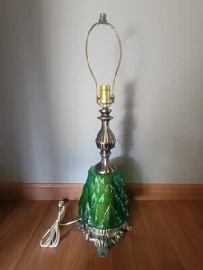 Vintage MCM Underwriters Laboratories Large Green Glass And Brass Table Lamp - Picture 1 of 13