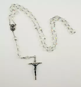 Vintage Aurora Borealis facettiertes Glasperlen Kreuz Rosenkranz silberfarben - Bild 1 von 9