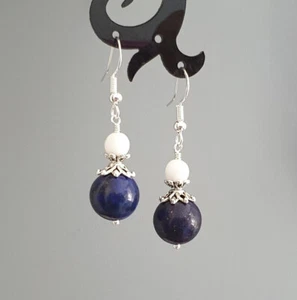 10mm Blue Lapis Lazuli & 6mm White Porcelain Jade Tibetan Silver Hook Earrings - Picture 1 of 1