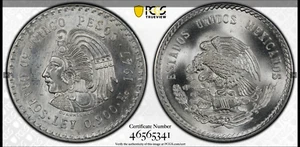 :1947Mo 5 PESOS MEXICO CUAUHTEMOC PCGS MS66 RARE R5 BLAST WHITE MIRROR SURFACES - Picture 1 of 2