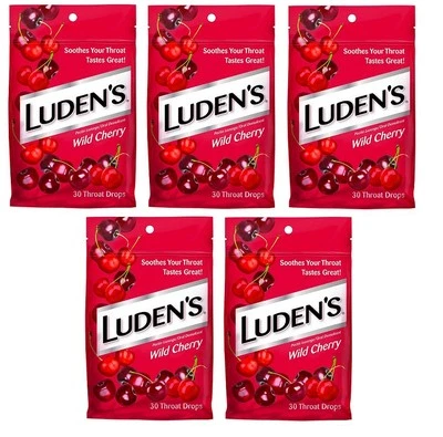 5 Pack Ludens Wild Cherry Cough Drops Throat Drops 30 Count Ea NEW FRESH LOOK! - Image 1 of 2