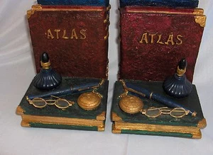 Par de sujetalibros de cerámica de colección libros antiguos gafas reloj de bolsillo lápiz ojal BONITO - Imagen 1 de 8