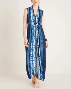 Chico’s SZ 3/US 16 Maxi Dress V-Neck Sleeveless Pleats Stretch Rear Zip Blue - Picture 1 of 8