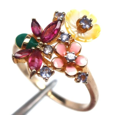 925 Silver Yellow Mother of Pearl, Rhodolite & Tanzanite Women Ring Size 8.75 - Image 1 of 4