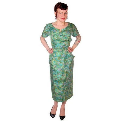 Vintage Silk Sheath Dress 1950s Turquoise Pastels Emile 34-25-37 - Image 1 of 4