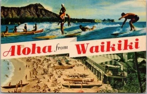 Tarjeta postal Honolulu Hawaii "ALOHA de WAIKIKI" surf/playa Nani Li'i #S-115 - Imagen 1 de 2