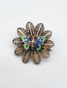 Bijou broche en argent massif filigrane à décor émaillé de papillon début XXème - Imagen 1 de 6