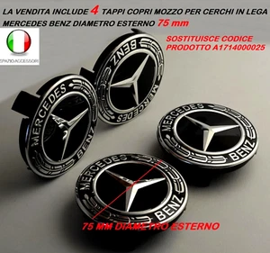 4 TAPPI COPRIMOZZO 75MM PER MERCEDES BENZ LOGO CERCHI LEGA CLASSE A B C E GLE - Foto 1 di 6