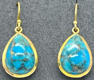 Earrings. Gold Tone Blue Turquoise from India. Drop 1" - Picture 1 of 10