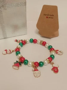 Festive, Multicolored, Novelty, Handmade Beaded Christmas Charm Bracelets - Picture 1 of 3