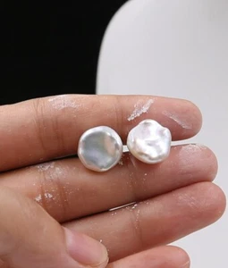 June Pearl White 12 mm White Keshi Baroque Pearl Stud 18KGP Stud Earrings - Picture 1 of 6
