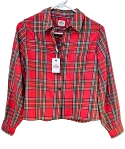 MARINE LAYER Zoe Cropped Shirt Women Small Red Tartan Plaid Relaxed NWT $98 - Picture 1 of 9