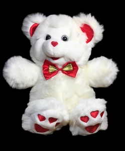 Dandee Vintage MTY Teddy Bear White Plush Red Satin Hearts Bow Tie Ultra RARE - Picture 1 of 10