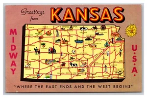 Map View Greetings From Kansas KS UNP Chrome Postcard XB11 - Picture 1 of 2