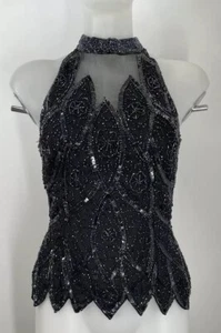 VTG Silk Beaded Halter Top Choker Neck Black STENAY SZ S Zip Back - Picture 1 of 13