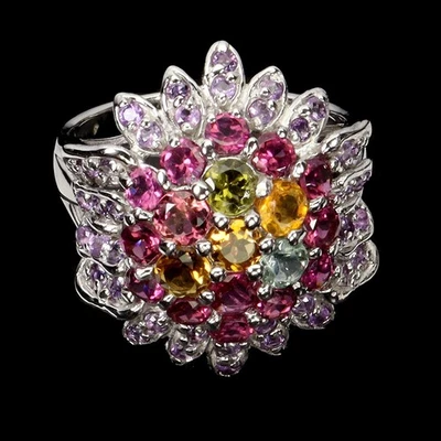 925 Sterling Silver Ring Round Tourmaline Amethyst Rhodolite Gemstone Size 8 - Image 1 of 4