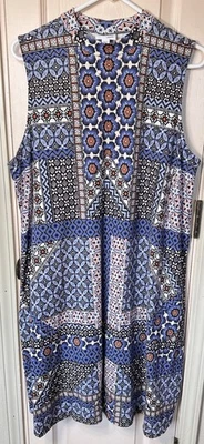 J. Jill Womens XL Tall Floral Geometric Blue Boho Hippy Sleeveless Shift Dress - Image 1 of 4