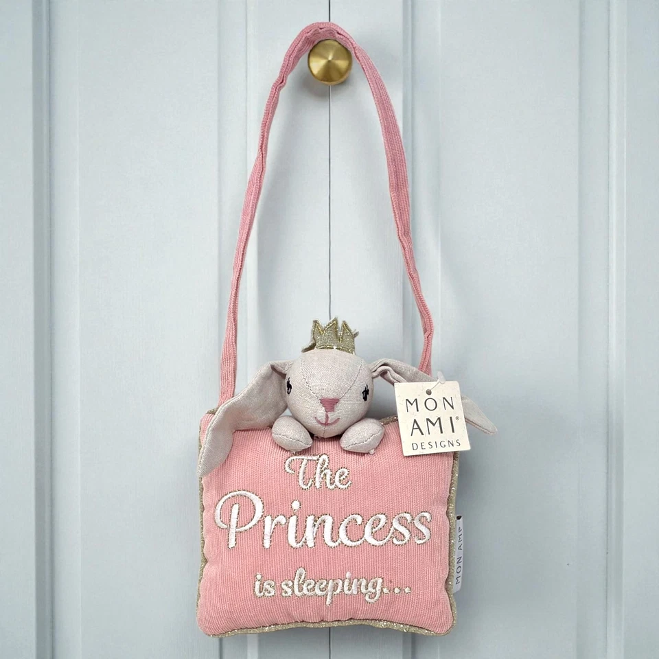 Mon-Ami The Princess Is Sleeping Door Hanger Pink Pillow Plush Bunny With Crown - Image 1 of 4