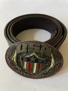Rare Vintage 1981 Indiana Metal Craft USA Shield Trophy Buckle Brown Belt_USA - Bild 1 von 10