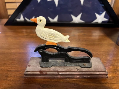 CAST IRON NUT CRACKER DUCK With Wood Base Pecan Nut Decor - Image 1 of 3