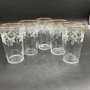Vtg MCM Bartlett Collins 16oz Flat Tumbler Gold Trim Frosted Grape Leave 5 WEAR - Picture 1 of 6