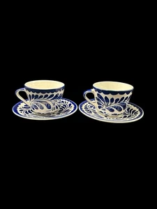 Piattino tazza da tè Anfora Puebla blu dipinto a mano Messico collezione primi marchi vintage - Foto 1 di 13